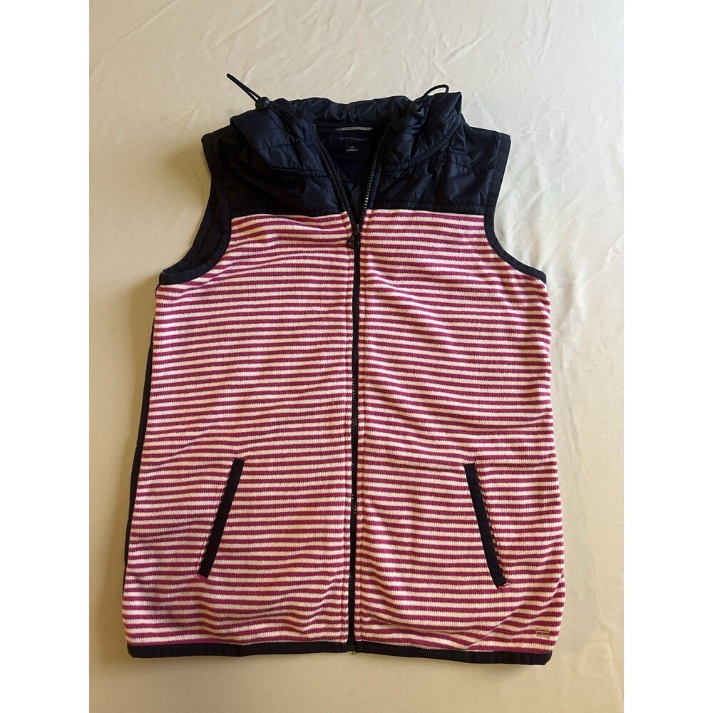 Tommy Hilfiger Athlux Woman’s Puffer Quilted Vest S Pink Striped Hooded Preppy